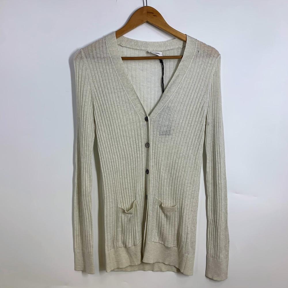 The Reset R LABEL Ribbed Knit‎ Cardigan Button Front Long Sleeve Beige Women